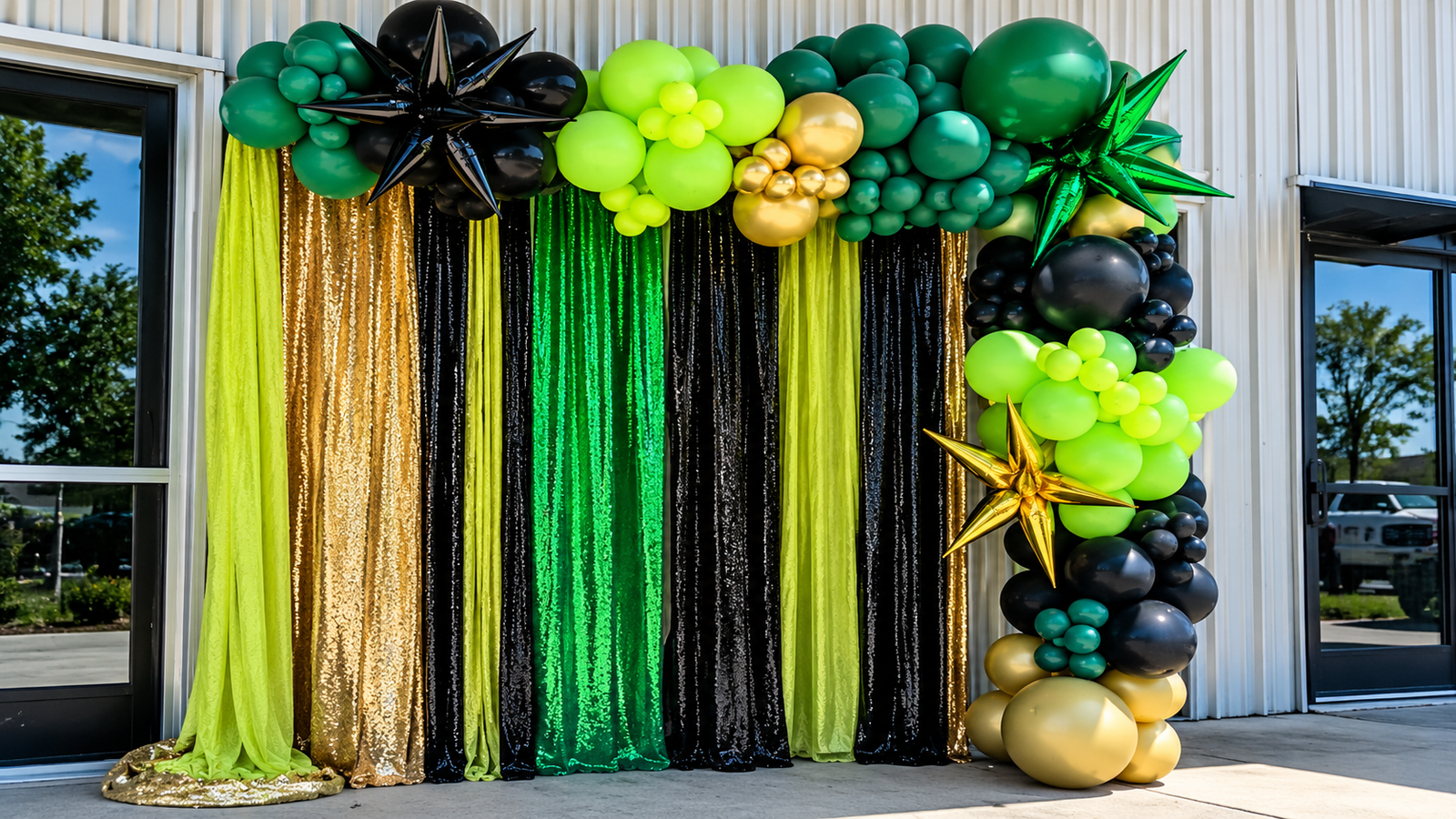 Pink, silver and black balloon garland over a sequin backdrop and candy table