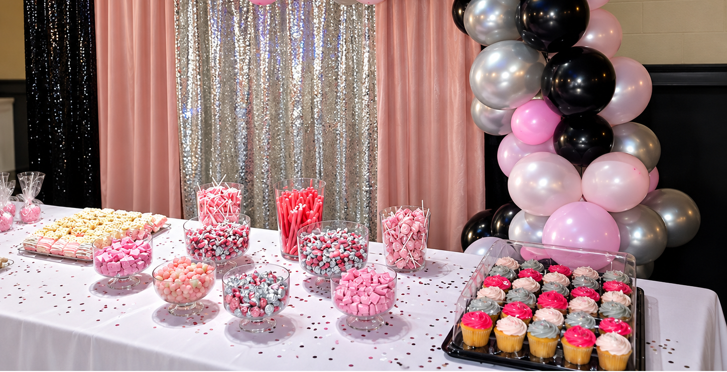 Green, black and gold balloon garland over a multicolor sequin curtain backdrop