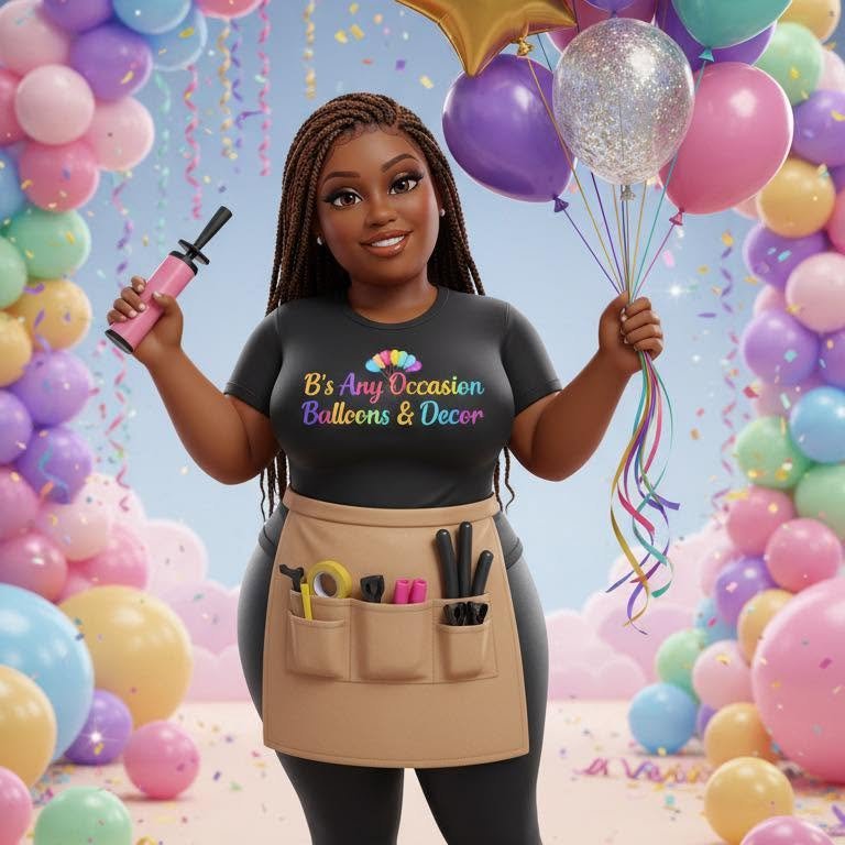 Illustrated portrait of B holding a balloon bouquet and a hand pump, wearing her work apron
