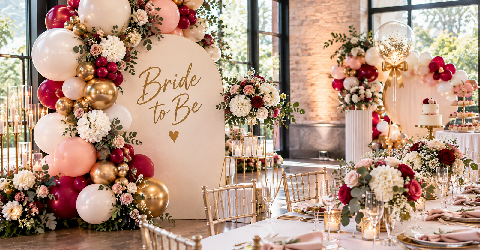 Bride to Be arched backdrop wrapped in a burgundy, blush, ivory and gold balloon and floral garland beside a styled reception table